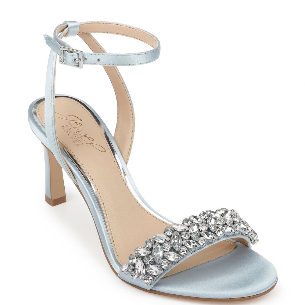 WEDDING SHOES Jewel Badgley Mischka, Baltimore Ankle Strap Sandal, Sky Blue Sz 7